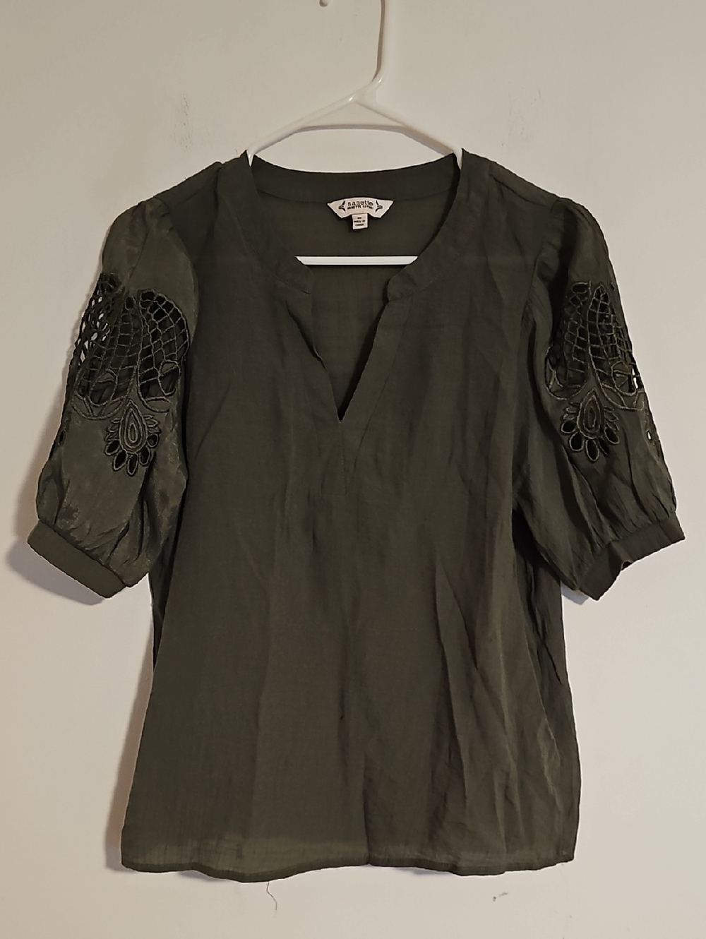 Nanette Lepore Olive Green Embroidered Puff Sleeve Blouse